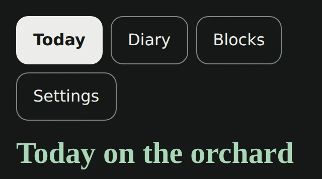 The top of Harvest's Today screen, demo data: the Today, Diary, Blocks and Settings buttons and the heading Today on the orchard.